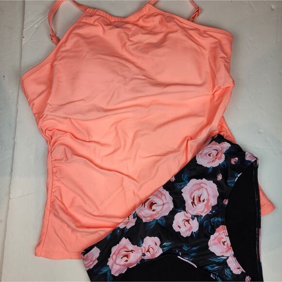 New Tempt Me Tankini 2 Piece Swimsuit Floral Print Tangerine Bathing Suit Size M - Picture 9 of 11